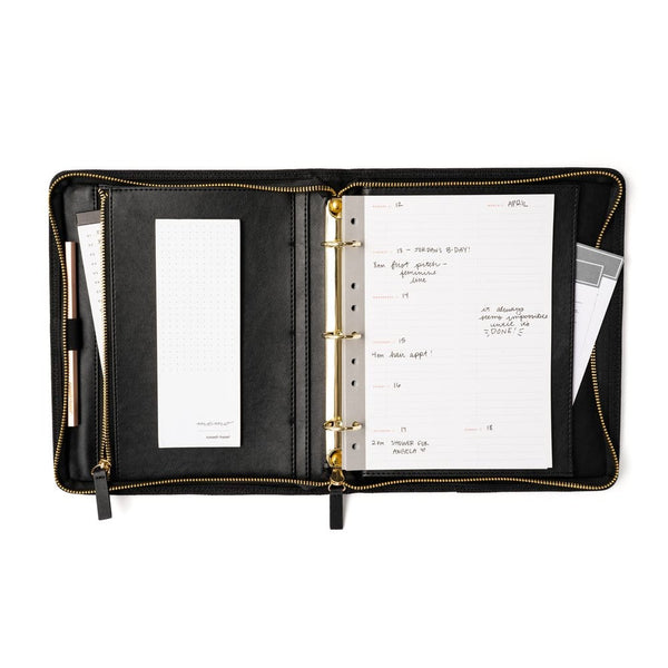 Mini 3 Ring Binder with Zipper Closure - Vegan Leather - Black