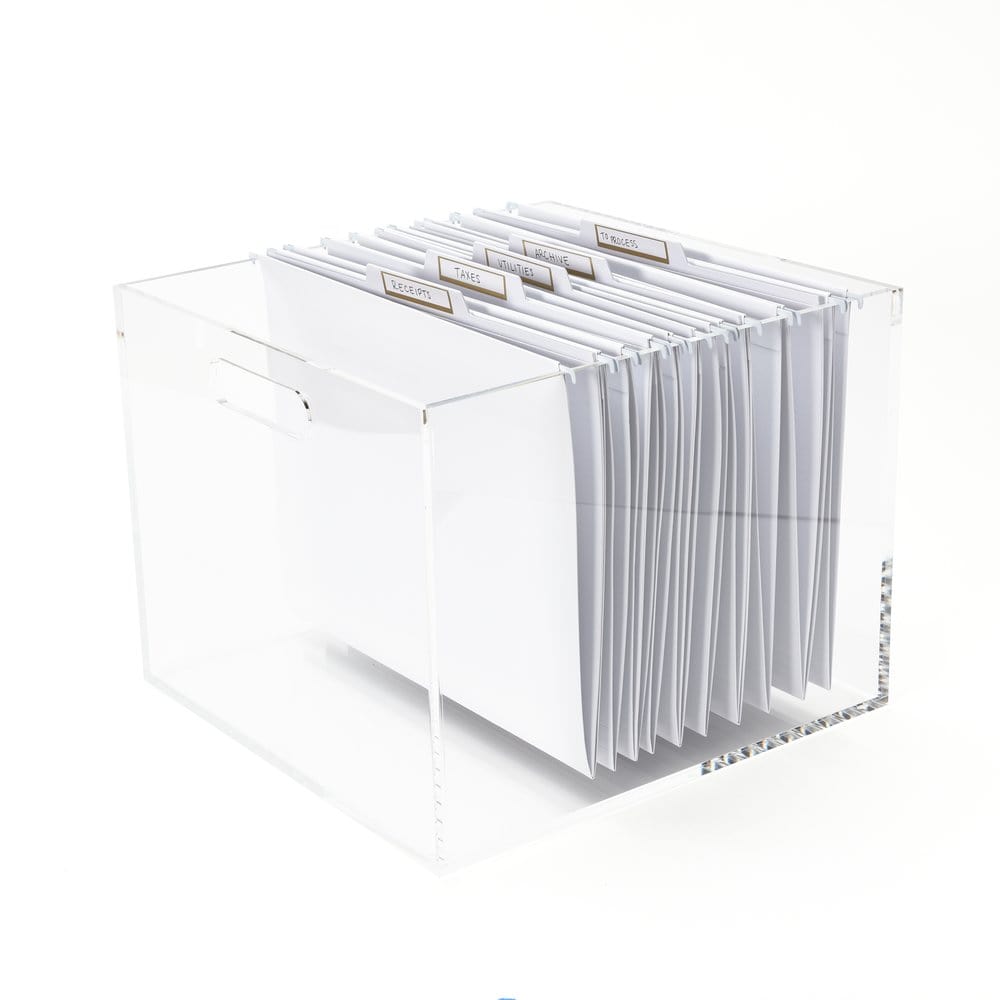 Estune Acrylic File Box Organizer with 24 Pcs Hanging File Holders Letter  Size, Acrylic Hanging File Folder Organizer Clear Slim File Box with  Handles