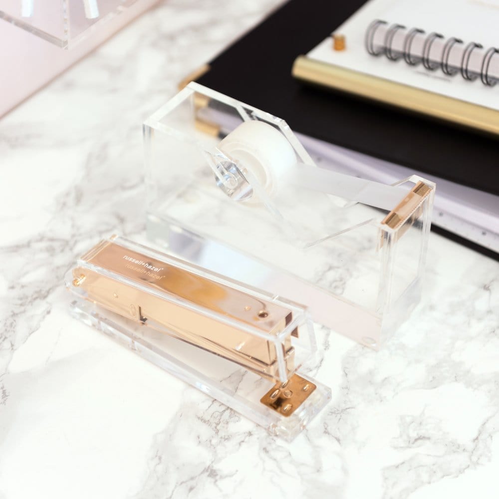 1-Inch Core Clear Acrylic Gold Tape Dispenser Stapler Scissors Set with  Tape 24/6 Rose Gold Staples, Acrylic Scissors Stationery Desk Stapler  Office